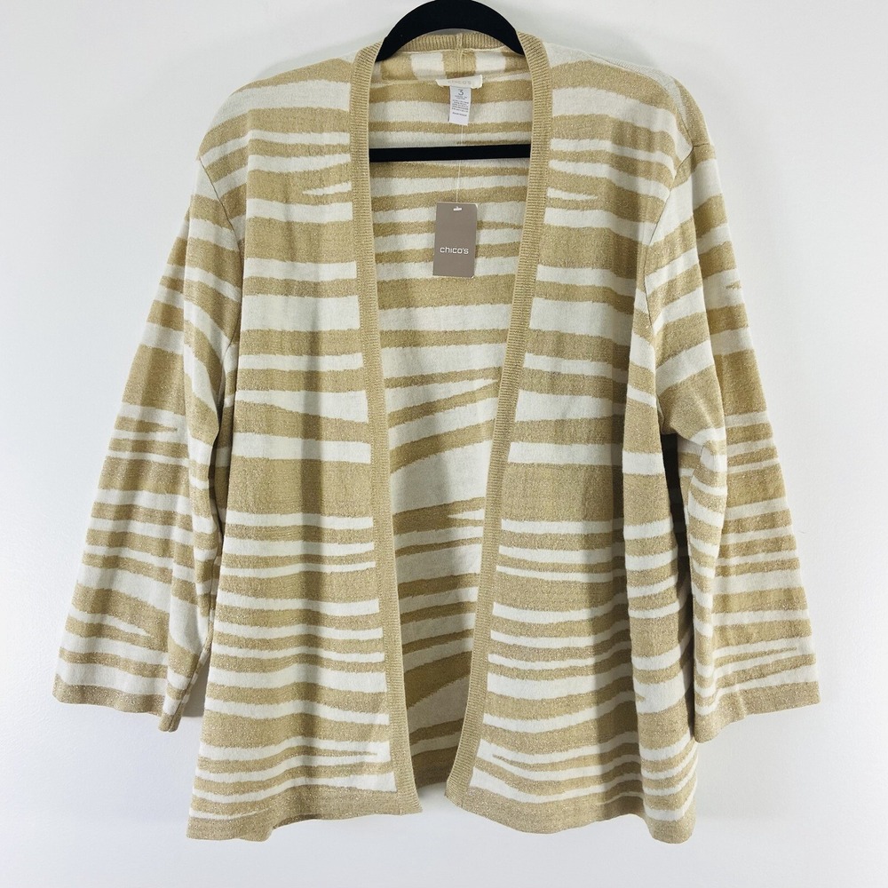 Chico's Sweater Women's 3 US XL Ecru/Stardust Cardigan Zebra Shimmer Open New‎